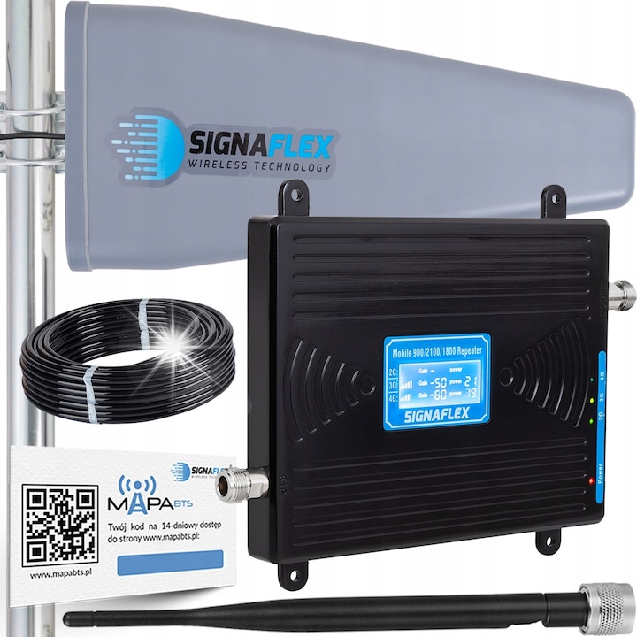 Set amplificator semnal GSM/3G/4G LTE, antena directionala T2 23 dBi, antena interna tip bat, negru, 5000 m²