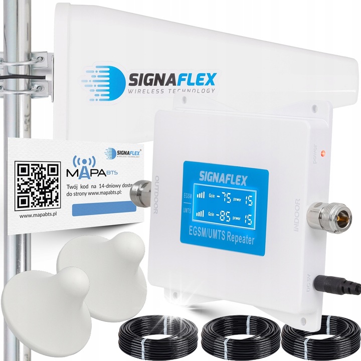 Set amplificator semnal GSM 2G 3G, Signaflex, antena directionala 20 dBi, 2 antene interne 8 dBi, alb, 10m