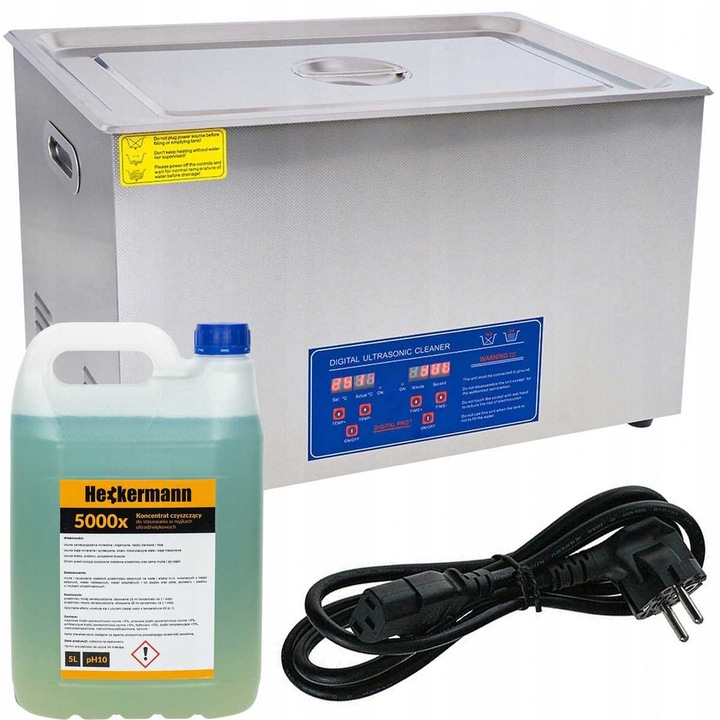 HECKERMANN 22L ultrahangos tisztítógép, 500W, kosárral és 5L tisztítófolyadékkal, 53x33x28cm