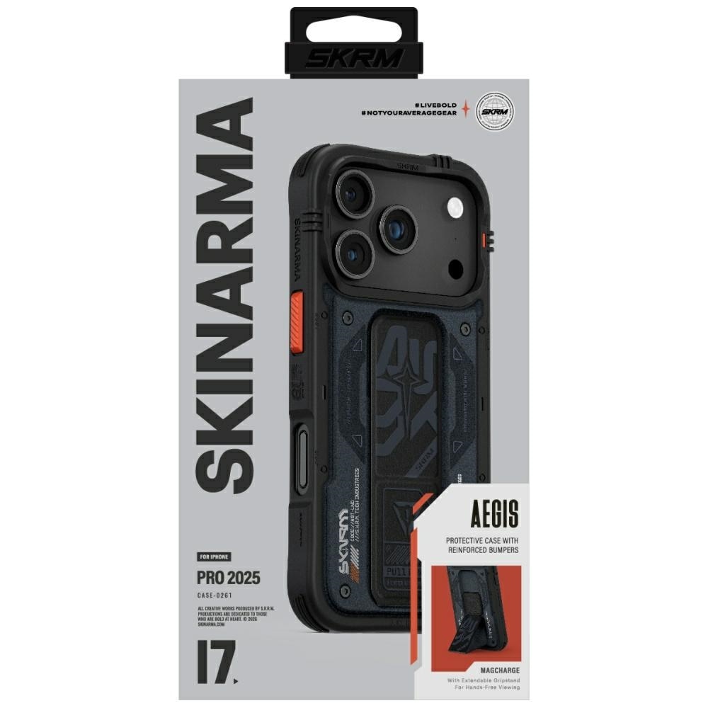 Carcasa Skinarma Aegis cu MagSafe si Grip Stand compatibila cu iPhone 17 Pro, Navy Blue