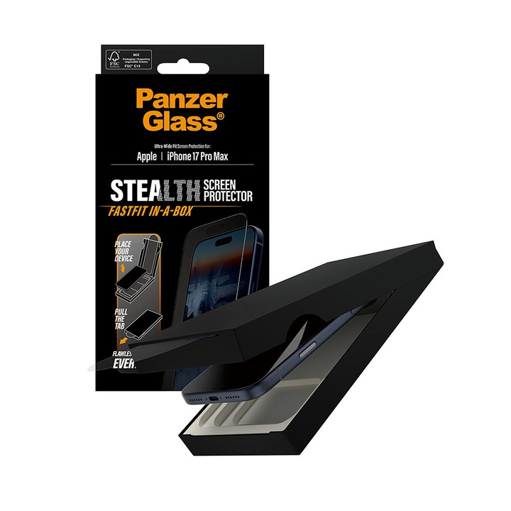 Folie pentru iPhone 17 Pro Max - PanzerGlass® Ultra-Wide Fit Stealth Screen Protector w. FASTFIT IN-A-BOX - Black
