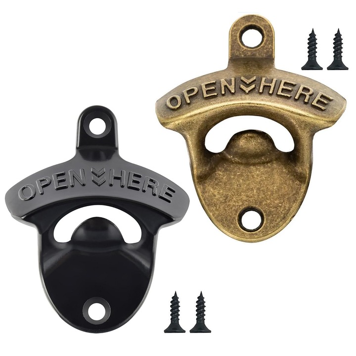 Set 2 desfacator sticle de bere sau suc Lerods cu montaj pe perete, model vintage pentru terasa foisor bucatarie bar restaurant, cu suruburi, culoare auriu si negru