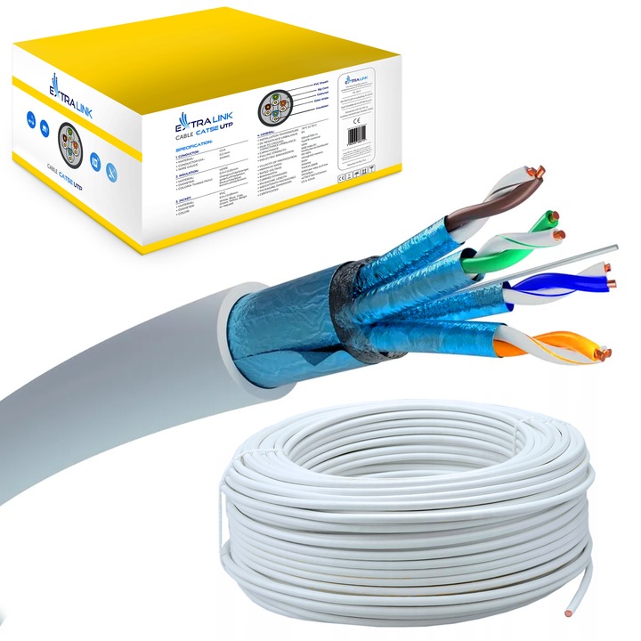 Cablu de retea cat6a f/ftp, Extralink, 500m, interior, conductor cupru, izolatie LSZH, gri, 10 Gigabit Ethernet, rezistenta la interferente, instalare profesionala