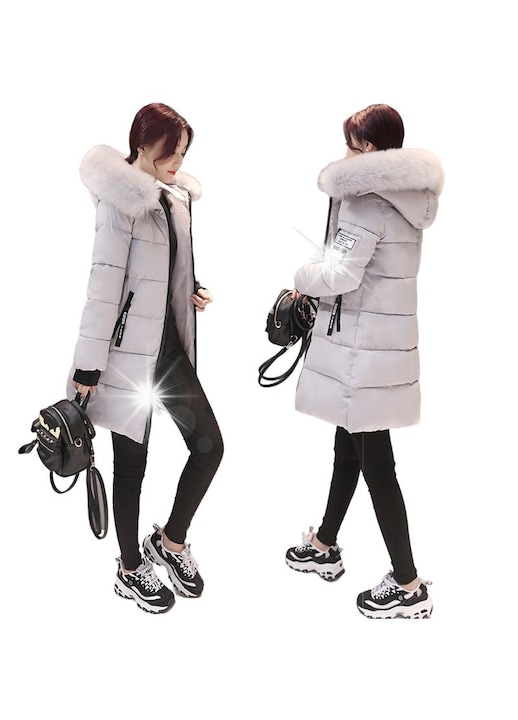 Geaca eleganta de iarna dama, parka captusita cu gluga, gri