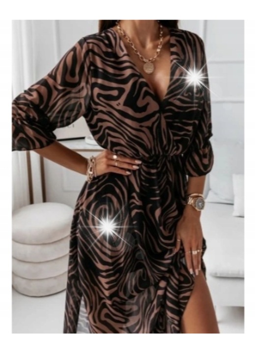 Рокля, дълга, V-образно деколте, кафява, шифон