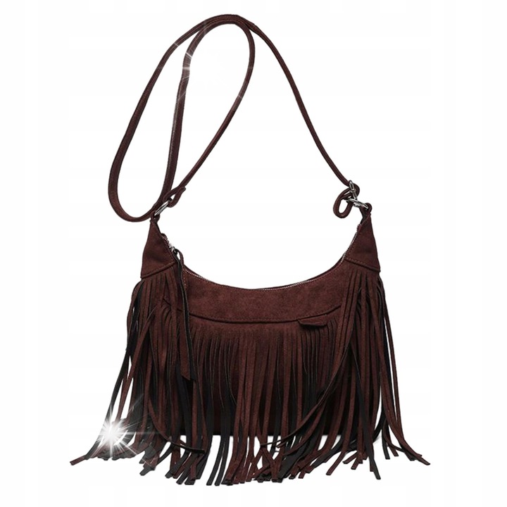 Női válltáska, modern modell, rojtokkal, barna