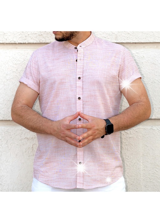 Camasa barbati, roz, bumbac, guler tunica, stil casual, de vara