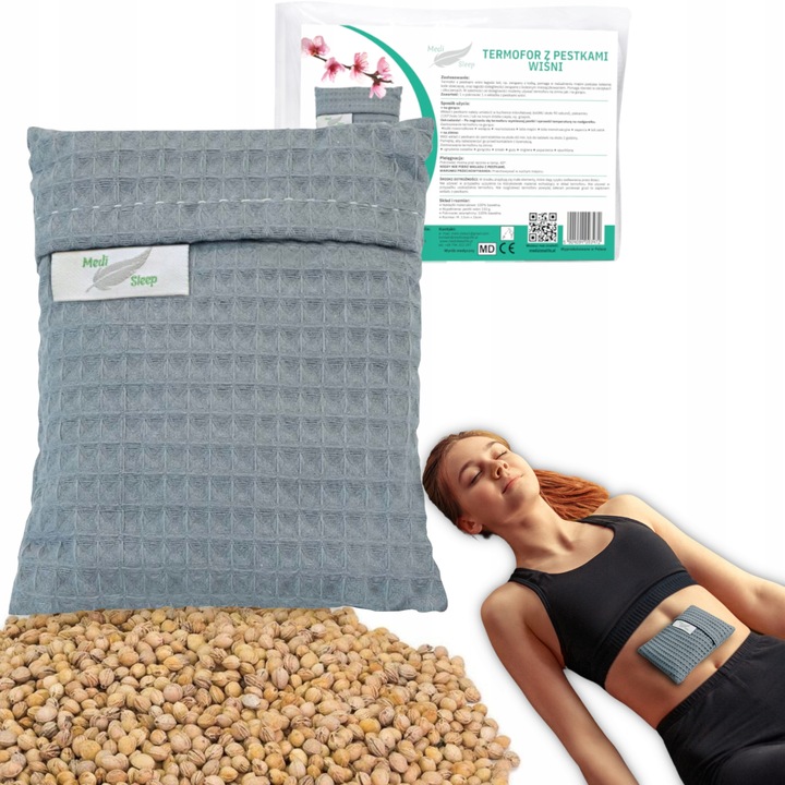 Termofor din seminte de visine, Medi Sleep, 13x16 cm, granat/gri, pentru dureri, colici, febra, set complet