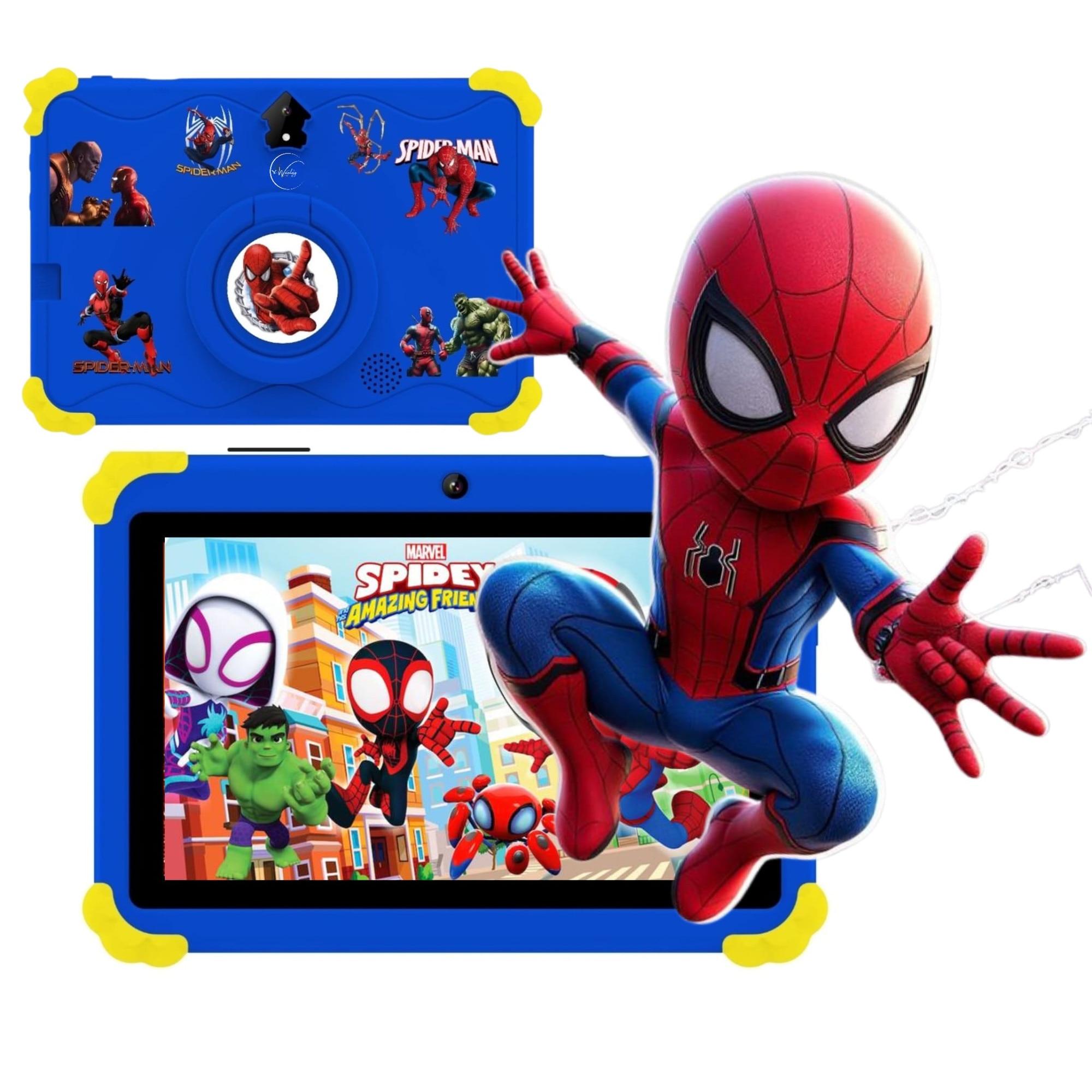 Tableta Educativa Copii e-Wantay® Kidiby~Spiderman 7” HD, Android, 2GB RAM + 32GB, Jocuri Educative, Control Parental, Camera Foto Dubla, Bluetooth, WiFi, Baterie 3000mAh, Carcasa Rezistenta cu Suport, Folie de Protectie + Surprize Incluse