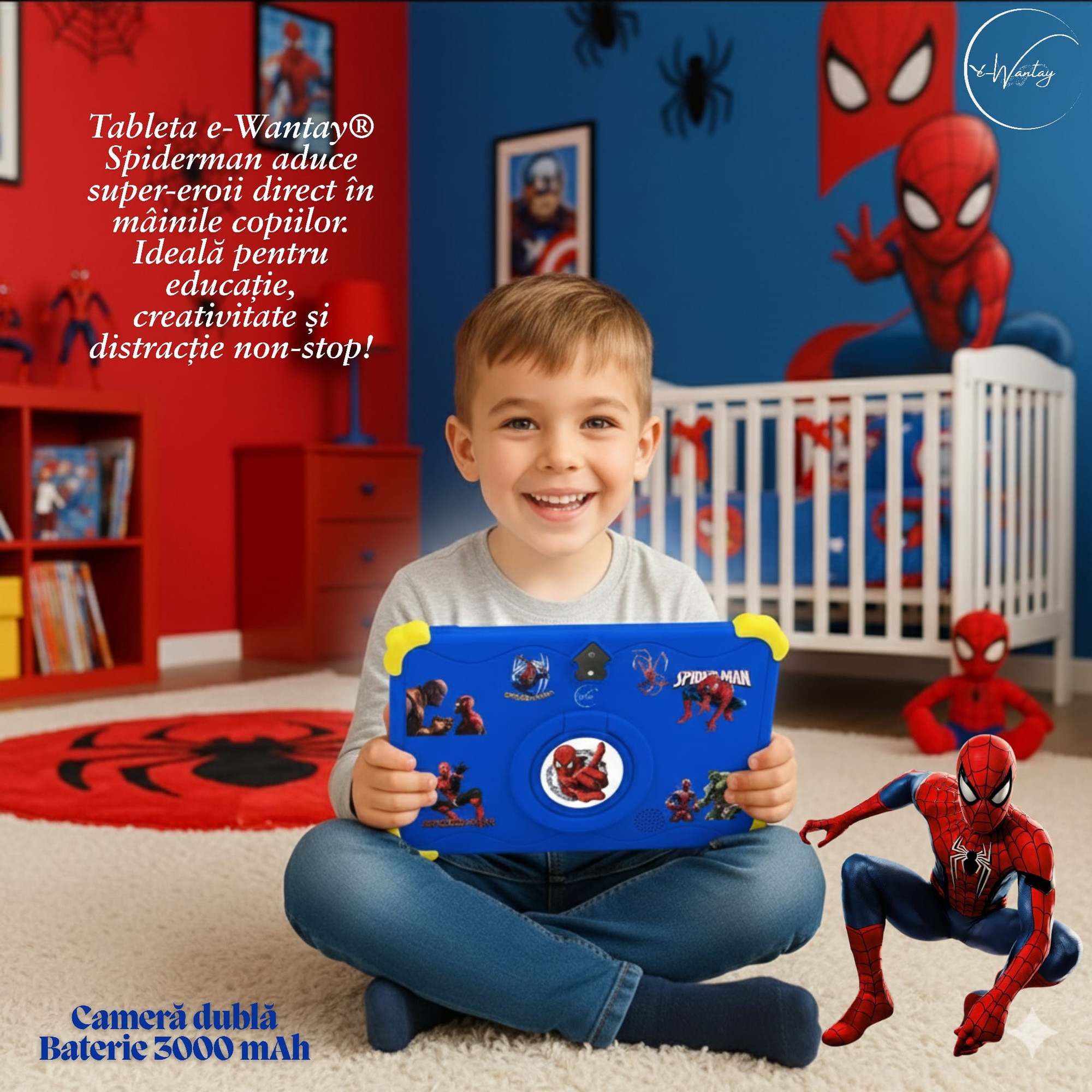 Tableta Educativa Copii e-Wantay® Kidiby~Spiderman 7” HD, Android, 2GB RAM + 32GB, Jocuri Educative, Control Parental, Camera Foto Dubla, Bluetooth, WiFi, Baterie 3000mAh, Carcasa Rezistenta cu Suport, Folie de Protectie + Surprize Incluse