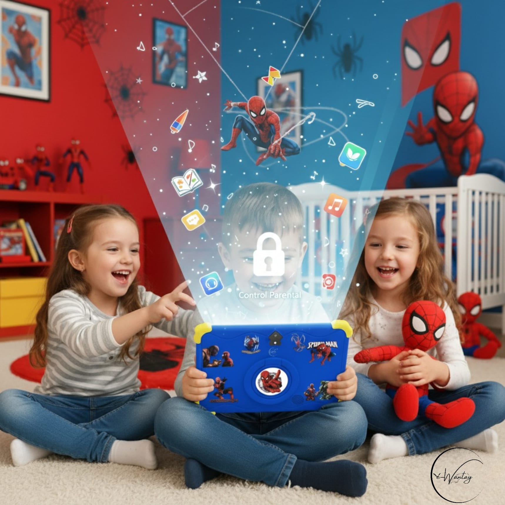 Tableta Educativa Copii e-Wantay® Kidiby~Spiderman 7” HD, Android, 2GB RAM + 32GB, Jocuri Educative, Control Parental, Camera Foto Dubla, Bluetooth, WiFi, Baterie 3000mAh, Carcasa Rezistenta cu Suport, Folie de Protectie + Surprize Incluse