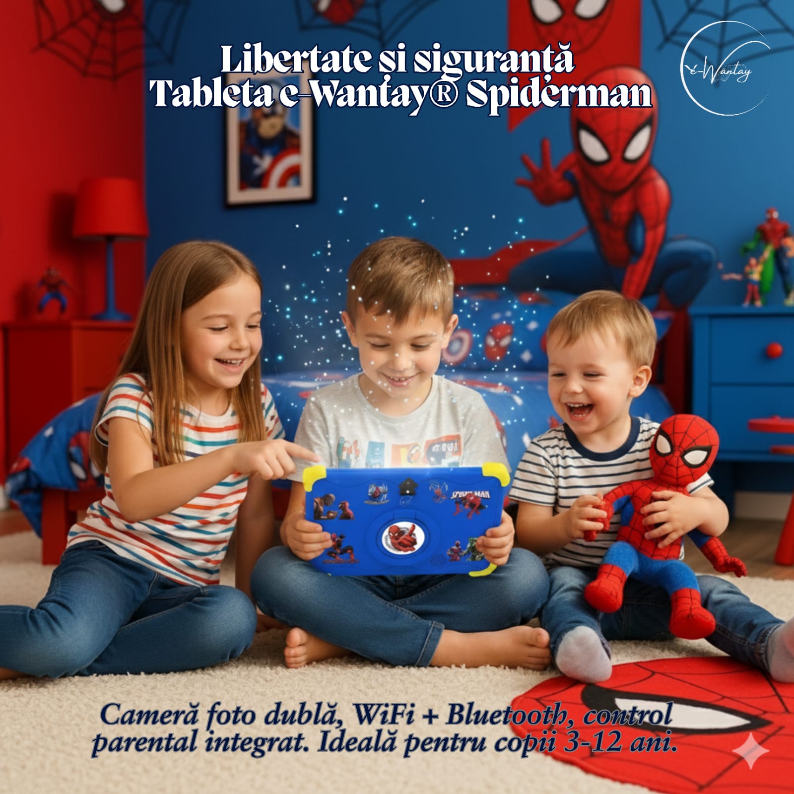 Tableta Educativa Copii e-Wantay® Kidiby~Spiderman 7” HD, Android, 2GB RAM + 32GB, Jocuri Educative, Control Parental, Camera Foto Dubla, Bluetooth, WiFi, Baterie 3000mAh, Carcasa Rezistenta cu Suport, Folie de Protectie + Surprize Incluse