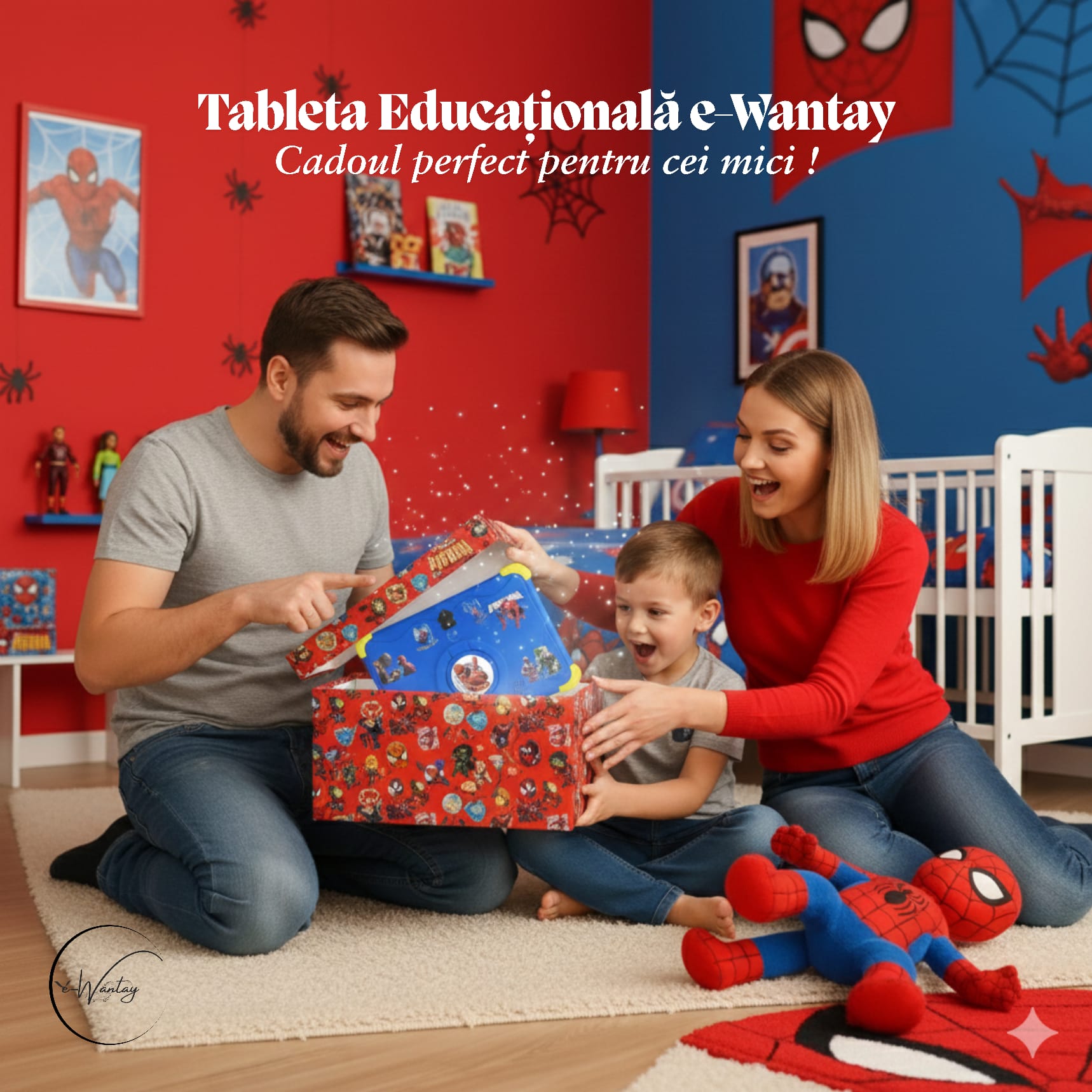 Tableta Educativa Copii e-Wantay® Kidiby~Spiderman 7” HD, Android, 2GB RAM + 32GB, Jocuri Educative, Control Parental, Camera Foto Dubla, Bluetooth, WiFi, Baterie 3000mAh, Carcasa Rezistenta cu Suport, Folie de Protectie + Surprize Incluse