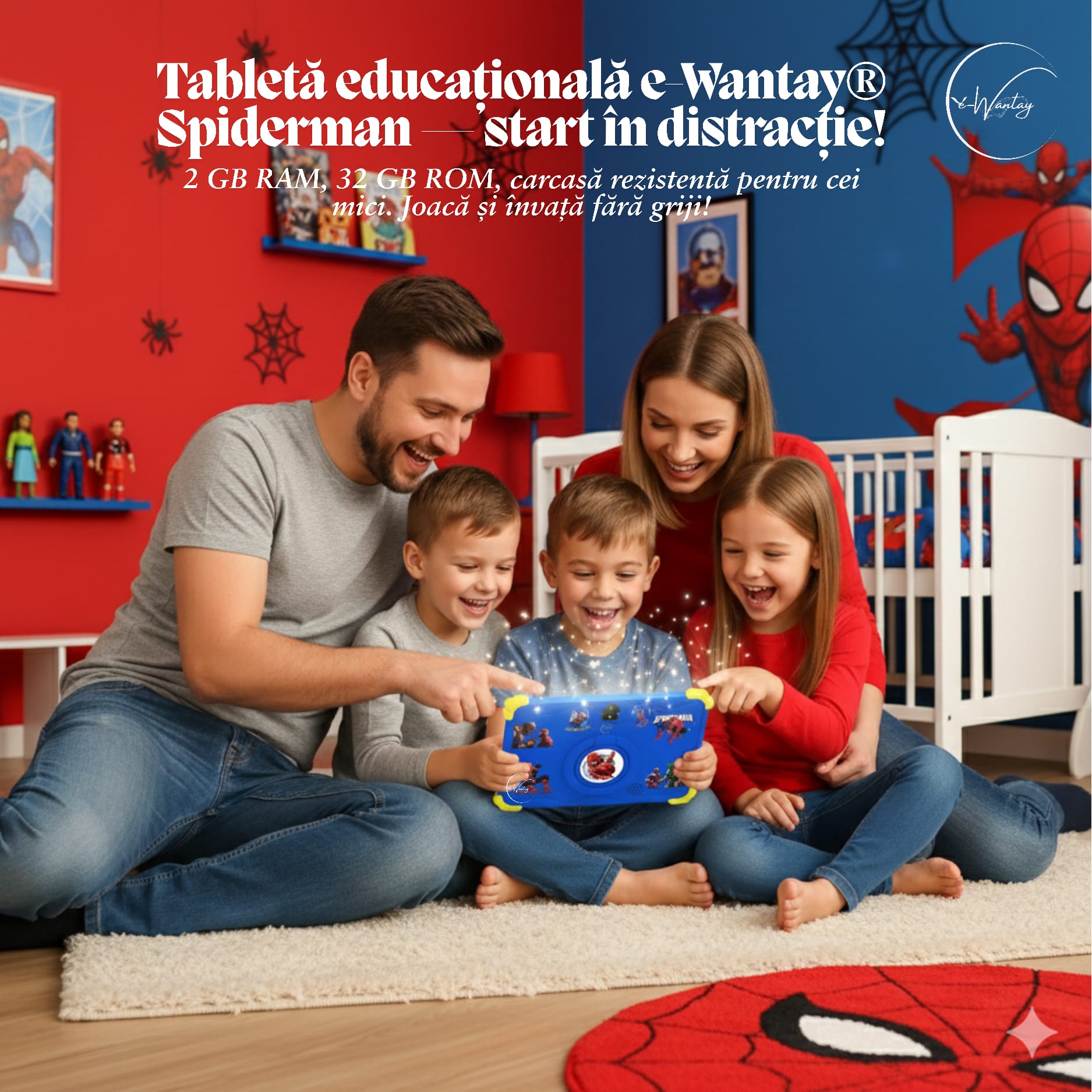 Tableta Educativa Copii e-Wantay® Kidiby~Spiderman 7” HD, Android, 2GB RAM + 32GB, Jocuri Educative, Control Parental, Camera Foto Dubla, Bluetooth, WiFi, Baterie 3000mAh, Carcasa Rezistenta cu Suport, Folie de Protectie + Surprize Incluse