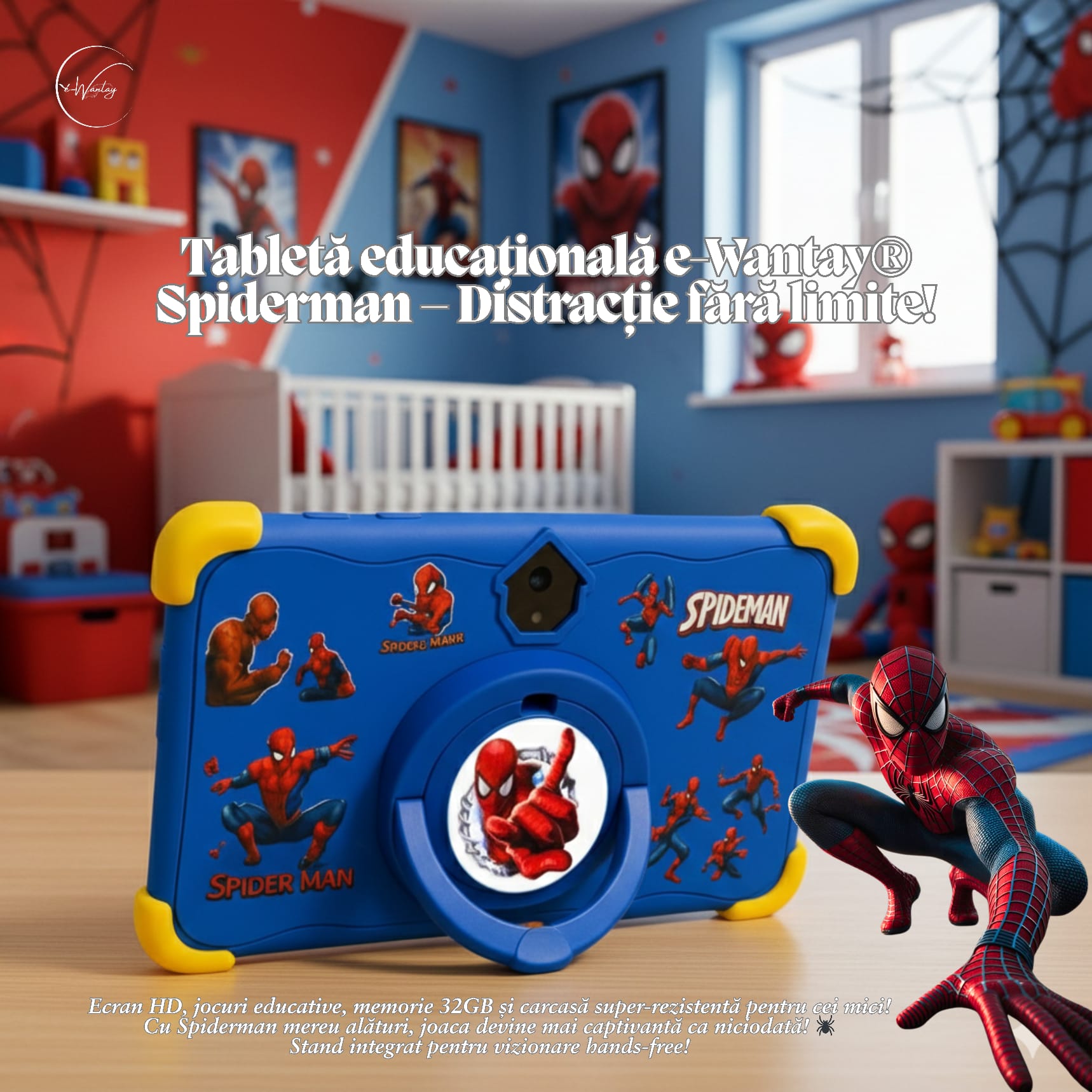 Tableta Educativa Copii e-Wantay® Kidiby~Spiderman 7” HD, Android, 2GB RAM + 32GB, Jocuri Educative, Control Parental, Camera Foto Dubla, Bluetooth, WiFi, Baterie 3000mAh, Carcasa Rezistenta cu Suport, Folie de Protectie + Surprize Incluse