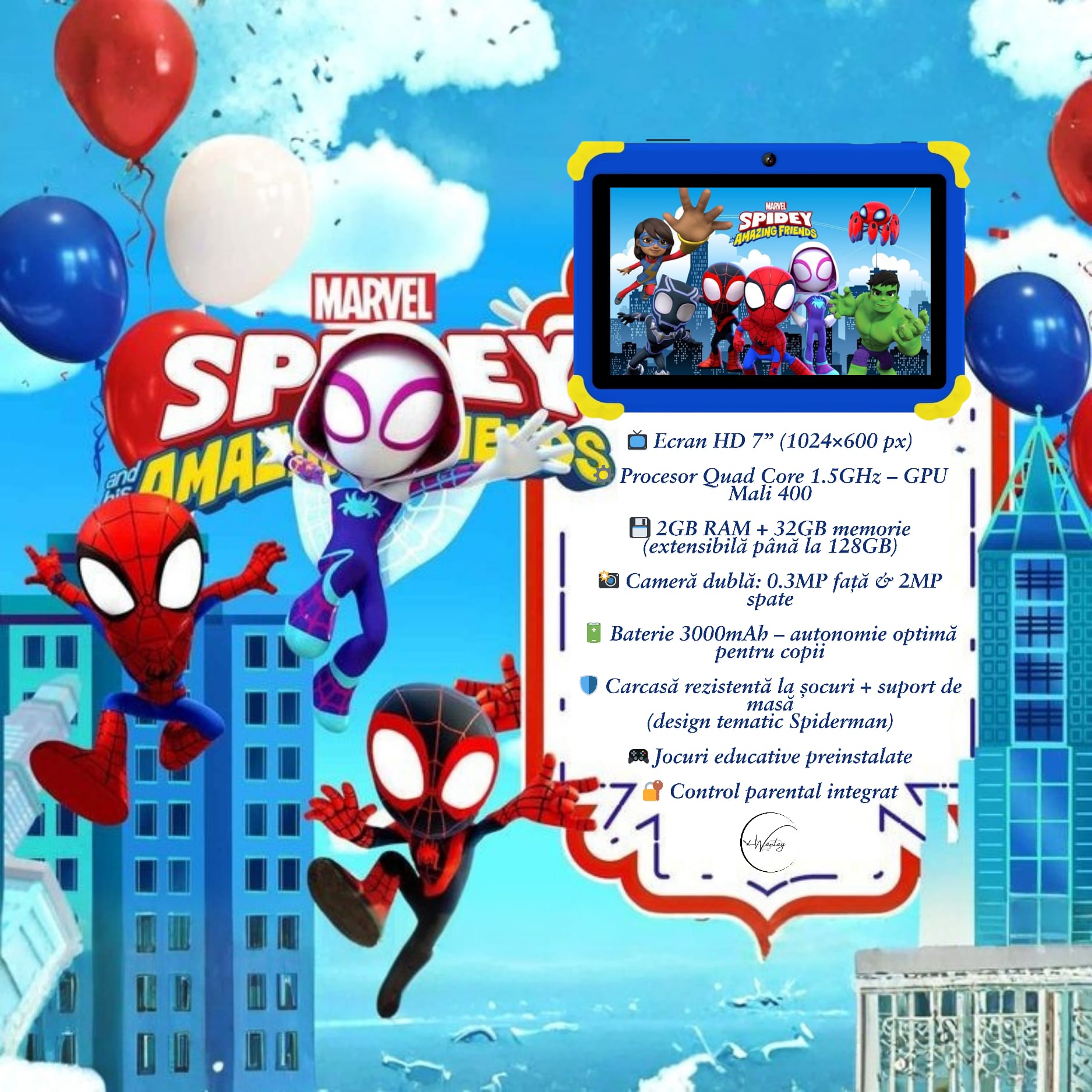 Tableta Educativa Copii e-Wantay® Kidiby~Spiderman 7” HD, Android, 2GB RAM + 32GB, Jocuri Educative, Control Parental, Camera Foto Dubla, Bluetooth, WiFi, Baterie 3000mAh, Carcasa Rezistenta cu Suport, Folie de Protectie + Surprize Incluse