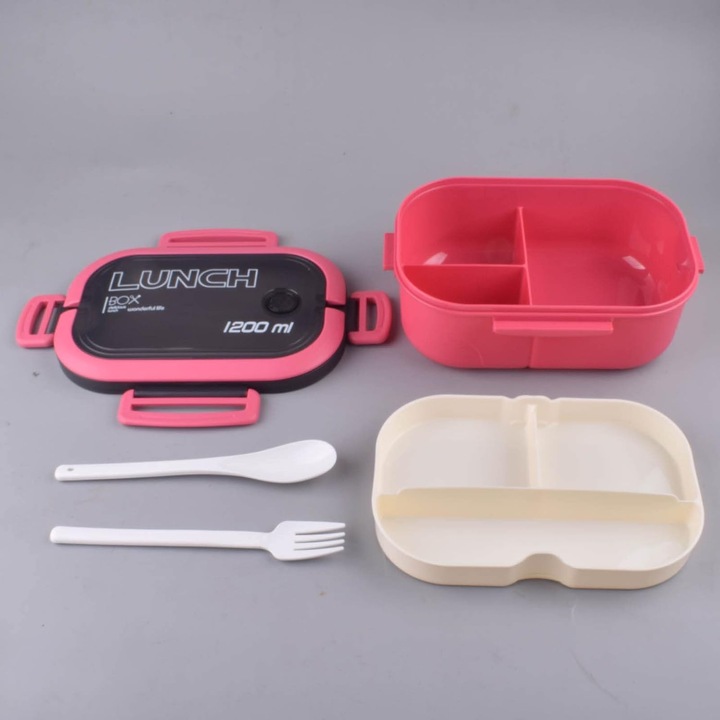 Caserola pranz ECARLA, 5 compartimente, ABS, 1200 ml, 21 x 14.5 cm, cu furculita si lingura, roz