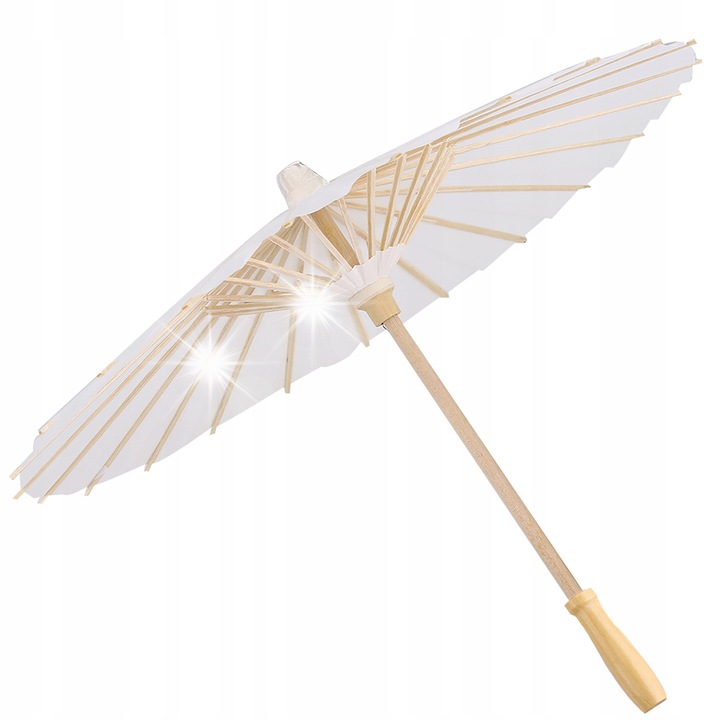 Umbrela din hartie alb, 60cm, cu maner din lemn