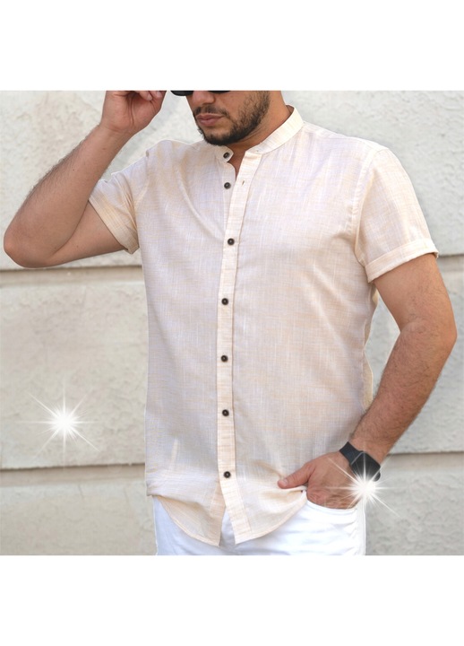 Férfi ing, tunikagallér, kényelmes, bézs, pamut, nyári
