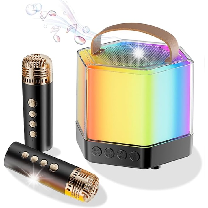 Set karaoke cu 2 microfoane, difuzor Bluetooth, efecte luminoase RGB, 10x10x9cm