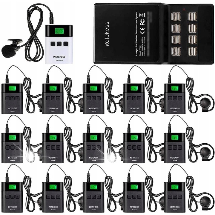Безжична аудио система за екскурзоводи Retekess TT122, 150м, 36 канала, 16 приемника, размери 53,5x19,2x74,2мм