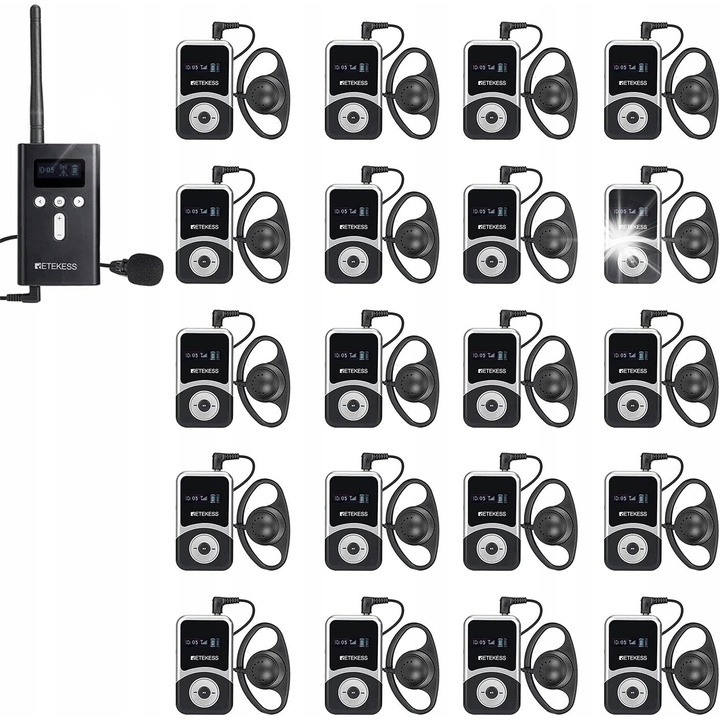 Безжична аудио система Retekess T130S, 49 канала, разстояние 100м, комплект с 20 приемника, микрофон Lavalier, слушалки