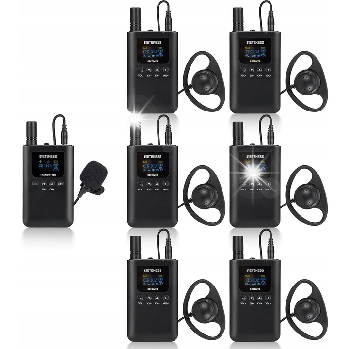 Sistem de Ghid Turistic, Retekess TT125, 150m, 999 canale, acumulator 3000mAh, set cu 6 receptoare si casti D