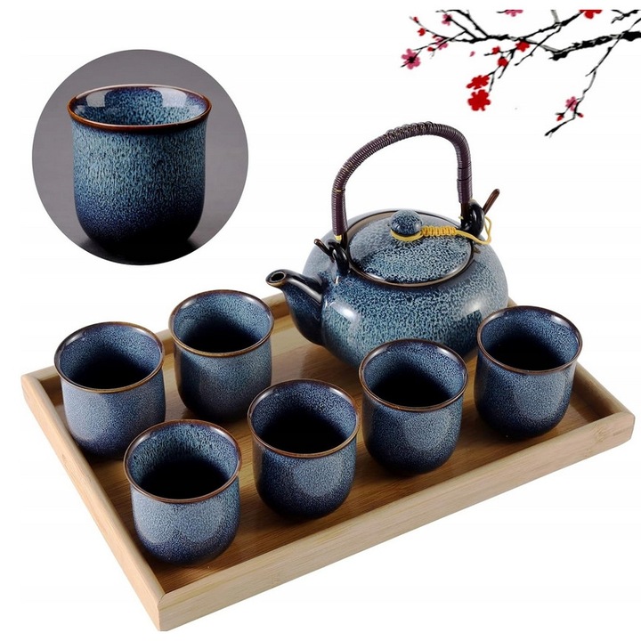 Set ceai japonez 6 persoane, ceainic portelan 700 ml, 6 cani portelan 120 ml, albastru