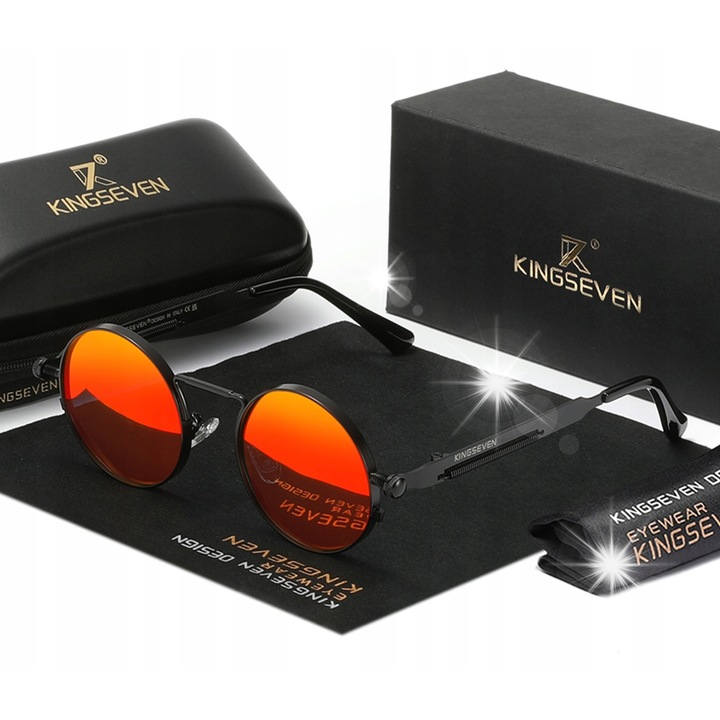 Ochelari de soare KINGSEVEN Steampunk, rotunzi, polari, portocalii, set cu etui din piele si laveta din microfibra