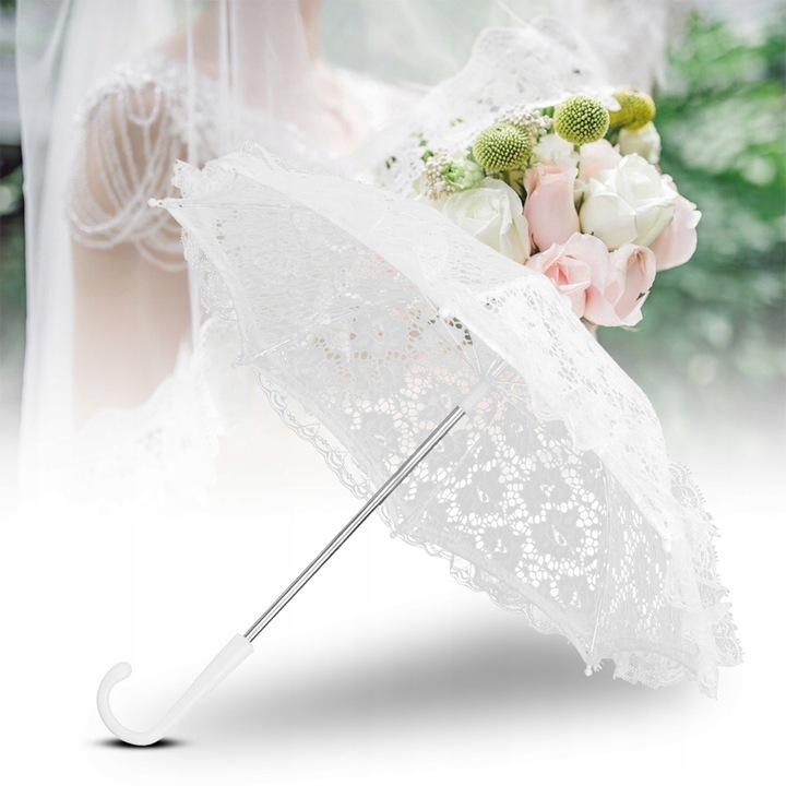 Umbrela din dantela alba, 42x49cm, design elegant, accesorii pentru nunta