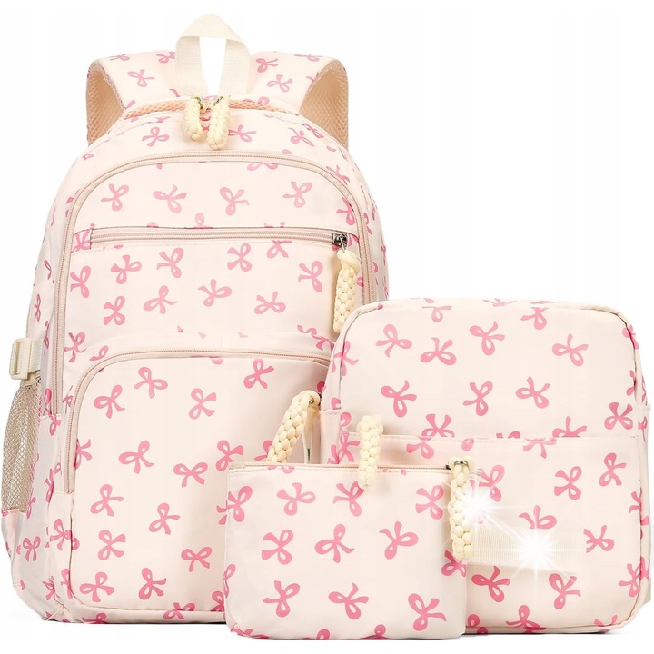 Lányka hátizsák/táska/tok szett, masni modell, méretek 45x30x15cm, 22x20x7cm, 17x11x2cm, bézs/rózsaszín