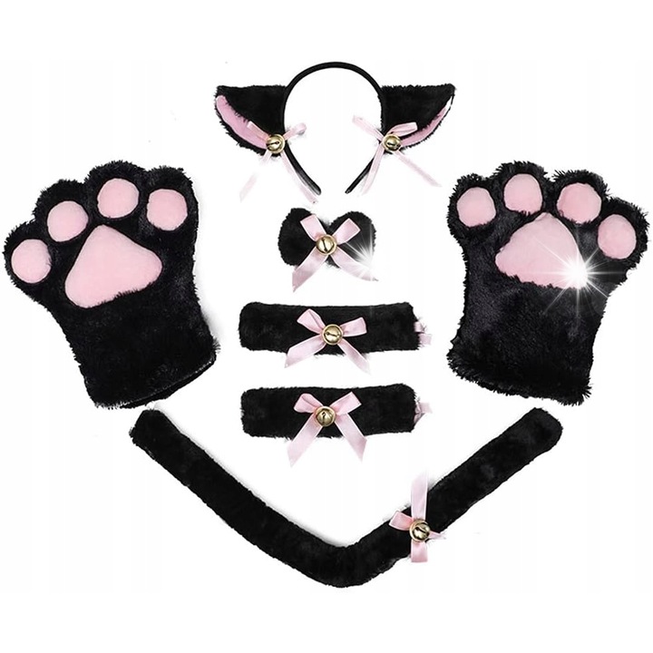 Set accesorii costum pisica, unisex, negru/roz, dimensiune unica