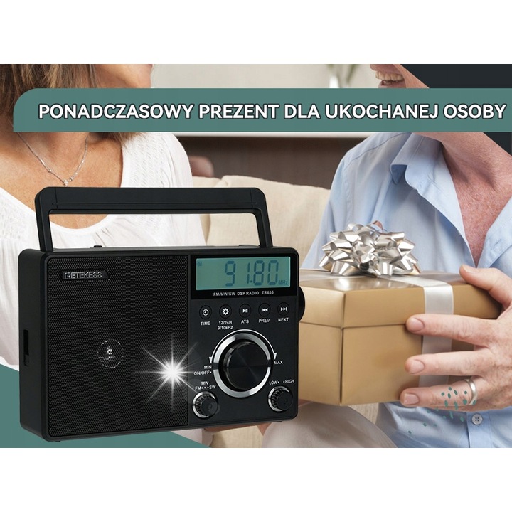 Преносимо радио Retekess TR635, FM/AM/SW, черно, с мощен високоговорител, за възрастни хора, комплект без батерии