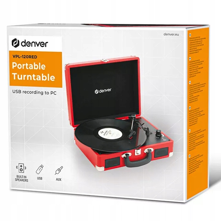 Грамофон Denver VPL-120RED USB, червен, 2x1W, 35,1x11,5x27см, с куфар