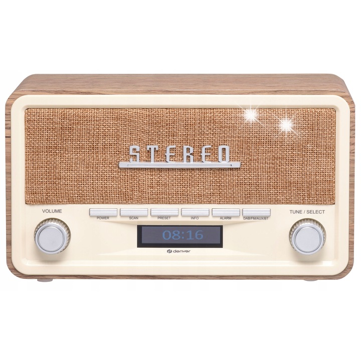 Радио Denver DAB-18LW, DAB+ и FM, Bluetooth, 2x20W, дървено, с будилник