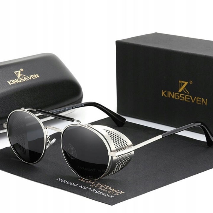 Ochelari de soare KINGSEVEN, argintiu, set cu etui si stergator