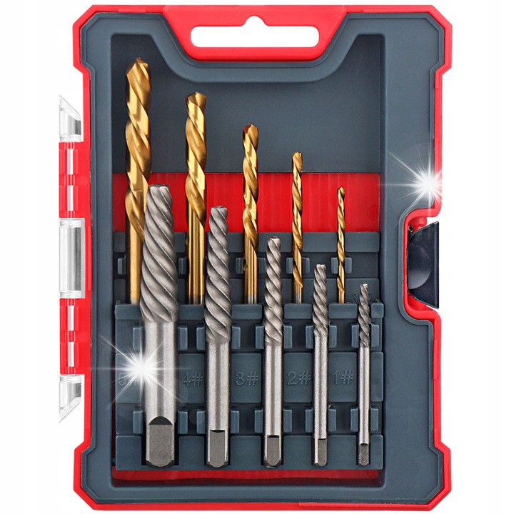 Set 10 piese Hi-Spec, burghie HSS si extractoare de suruburi, dimensiuni 2x2,8x4x6,4x7,5mm