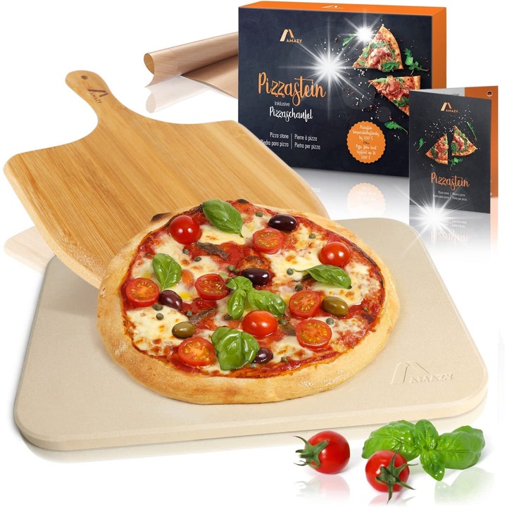 Комплект камък за пица, бамбукова лопата, 38x30x1,5 см, устойчив на високи температури
