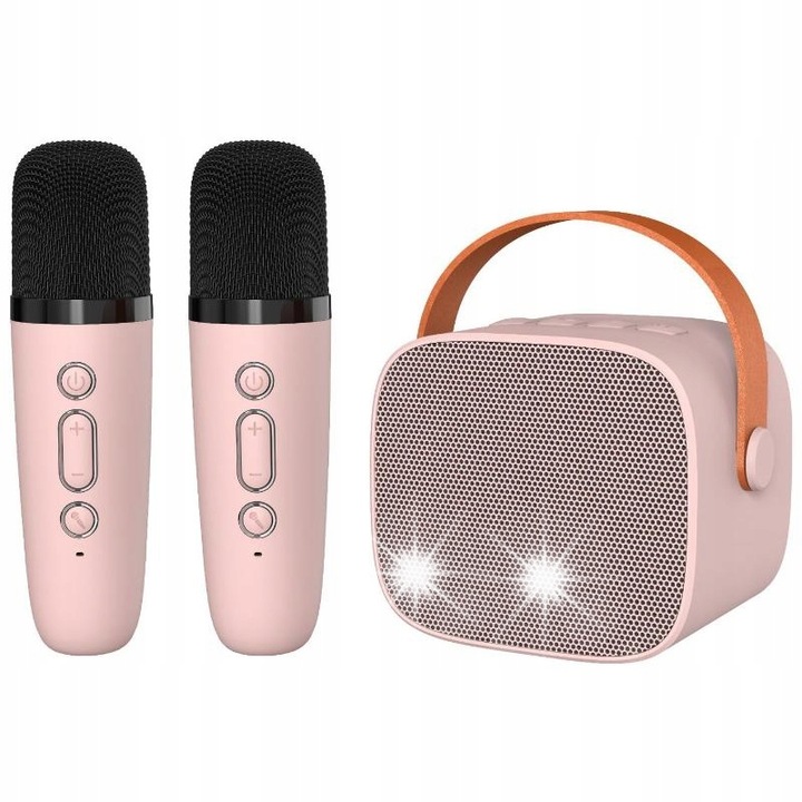 Set karaoke cu 2 microfoane si difuzor wireless roz, Bluetooth, 6W, 1200mAh