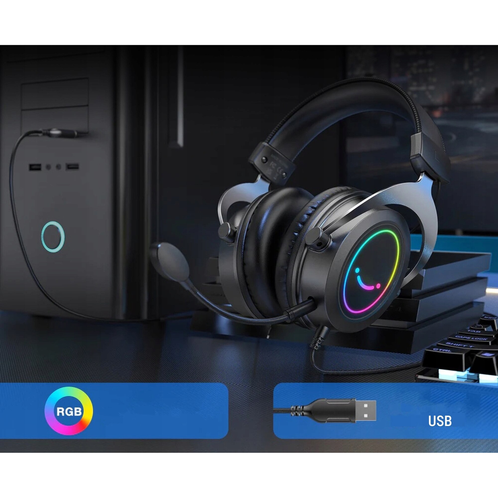 Casti gaming FIFINE H3P AmpliGame RGB, roz, USB/3,5 mm, cu microfon ...