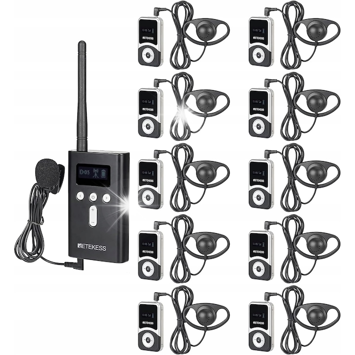 Система за екскурзовод Retekess T130S, 49 канала, разстояние 100 м, комплект с 10 приемника, микрофон Lavalier, слушалки