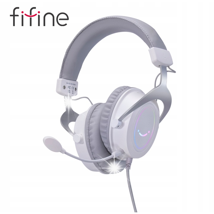 Casti gaming Fifine H3W AmpliGame RGB, alb, cu microfon detasabil, 3,5 mm