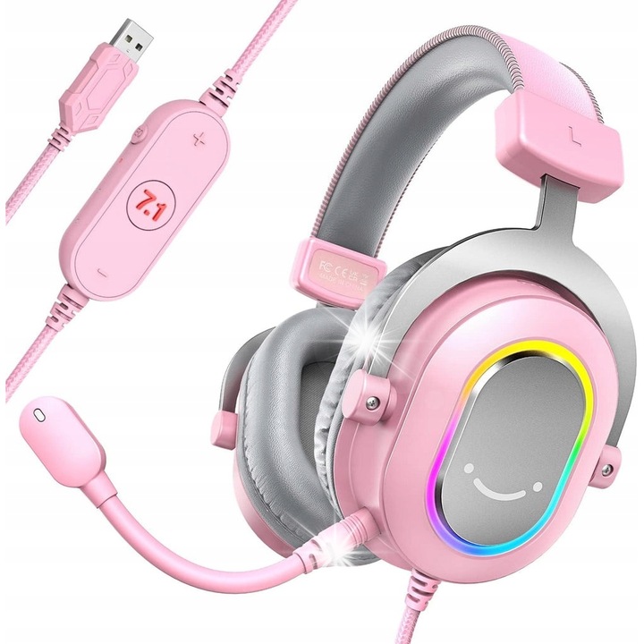 Casti gaming H6P, Fifine, RGB, sunet spatial 7.1, roz, USB