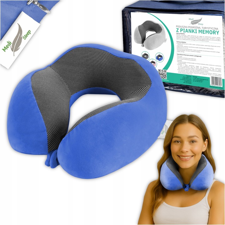 Perna calatorie Medi Sleep, forma de randunica, suport pentru gat, culoare albastra, dimensiuni 28x24x12cm