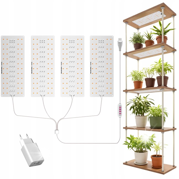 Lampa LED pentru plante cu timer, 5 niveluri de luminozitate, 4 becuri, multicolor