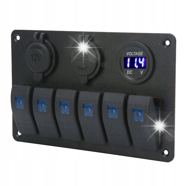 Panou de comutare cu 6 butoane, 20A, 12/24V, negru, cu incarcator USB, set complet