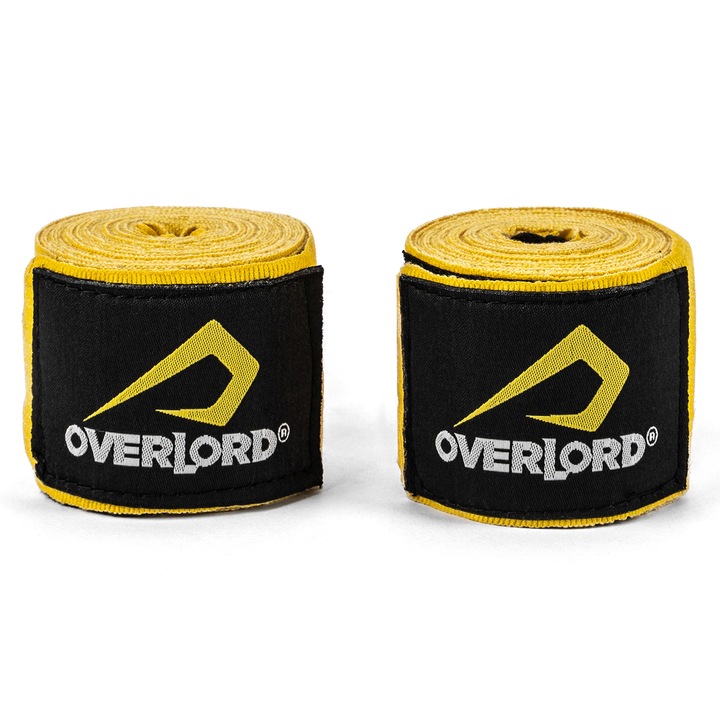 Bandaj bokserski Overlord 4m, galben, material bumbac si elastan, prindere hook & loop