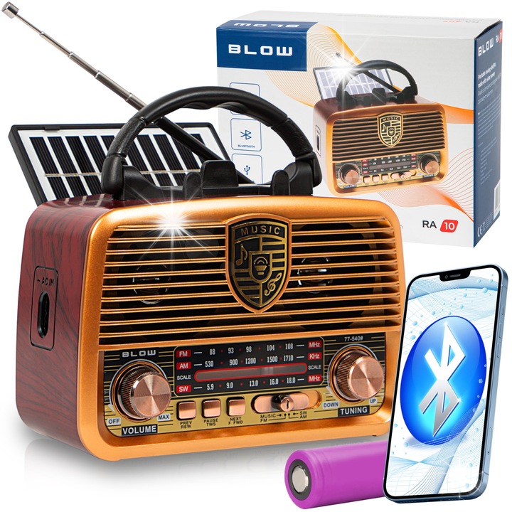 Radio portabil retro BLOW RA10, Bluetooth, alimentare solara, 20x15,5x8cm, set complet