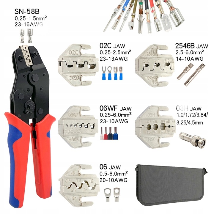 SN58B saruzó fogó, 5 cserélhető fejjel, piros, 0,25-1,5 mm