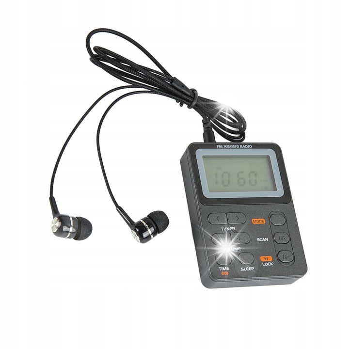 Radio portabil AM/FM, 500 mAh, stereo, negru, 80x57x17mm, set cu casti